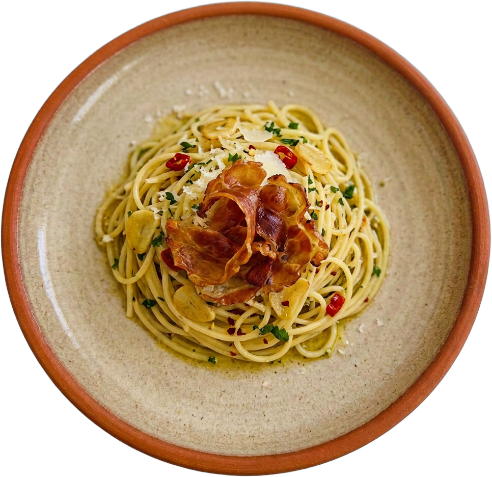 Spaghetti aglio, olio e peperoncino con prosciutto