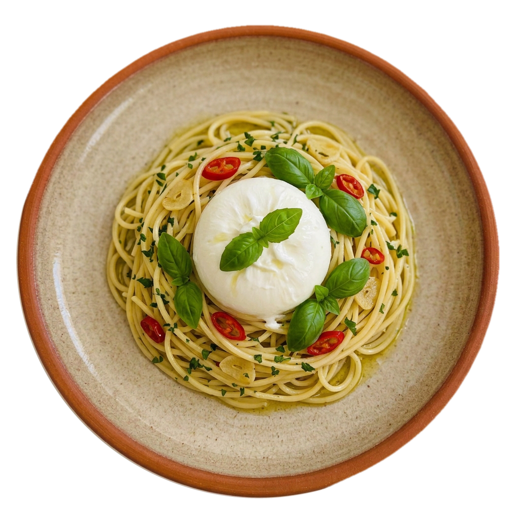 Spaghetti aglio, olio e peperoncino con burrata