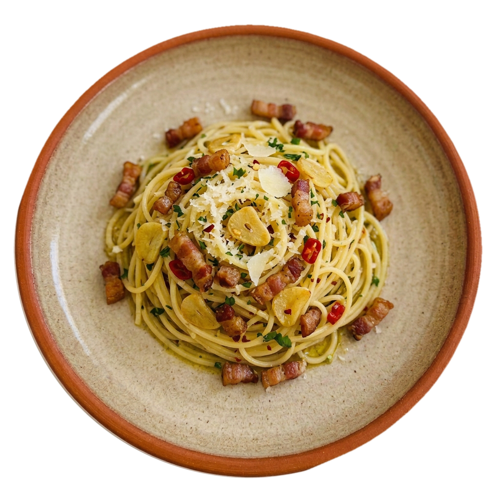 Spaghetti aglio, olio e peperoncino con guanciale